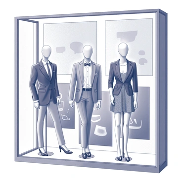 A chic retail window display featuring outfits on mannequins with artistic design templates.