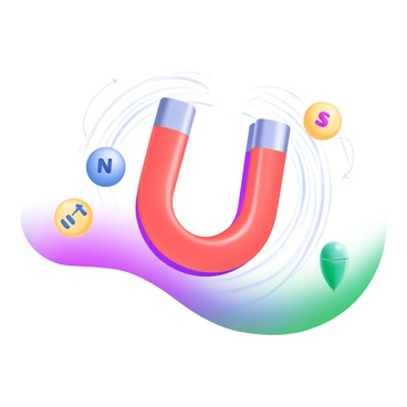 A modern pastel illustration showcasing a large "U-shaped magnet" suspended in mid-air. The magnet is depicted in vibrant red with a shiny surface, reflecting light. On either side of the magnet, there are two "opposing magnetic poles" represented as blue and yellow circles, displaying clear labels: "N" for north and "S" for south. Surrounding the magnet are small lines indicating the magnetic field lines radiating from the poles, creating a dynamic sense of movement. The background is a smooth gradient of soft colors, enhancing the overall visual appeal.