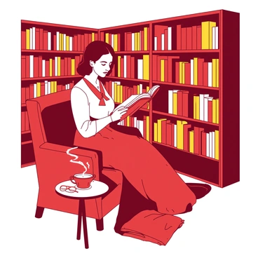 A red Maria Clara is sitting in a cozy reading corner, dressed in a traditional outfit with a white blouse and a long skirt. She is surrounded by tall bookshelves filled with various colorful books. Soft yellow lighting creates a warm atmosphere, illuminating her thoughtful expression as she reads a book in her hands. A comfortable armchair with plush cushions sits nearby, and a small round table holds a steaming cup of tea and a pair of reading glasses.