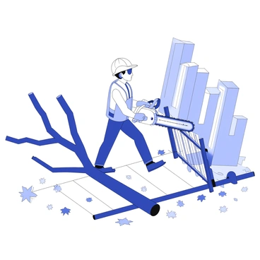 A city worker is standing on a sidewalk, actively using a chainsaw to remove fallen tree branches after a storm. The worker is wearing safety gear, including a hard hat, gloves, and protective eyewear. Around them, scattered leaves and branches litter the ground, with some larger branches resting against a nearby fence. In the background, tall buildings can be seen, partially obscured by the aftermath of the storm. The sky above appears overcast, suggesting the recent weather conditions. The worker is focused on their task, demonstrating diligence and effort in clearing the debris.