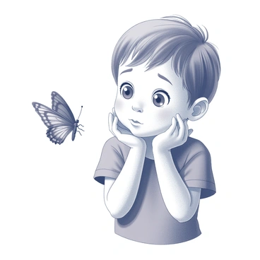 A child's hands are cupped around their chin, with the fingers gently holding the face in a thoughtful manner. The child has wide, curious eyes, reflecting a sense of wonder and intrigue. In front of them, a butterfly is fluttering gracefully, with its wings spread open, showcasing intricate patterns. The scene captures the child's focus and admiration for the butterfly's delicate movements. The background is soft and unobtrusive, emphasizing the child and the butterfly's interaction.