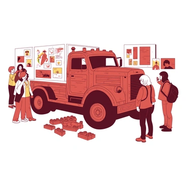 A life-sized truck is constructed entirely out of bricks, showcasing intricate detailing throughout its form. The truck has large, prominent wheels made from bricks, and the body features distinct brick patterns that resemble traditional truck designs. Surrounding the truck, there are various art installations that draw the viewer's attention, enhancing the exhibit's atmosphere. Soft lighting casts a warm glow, highlighting the texture of the brick surface and emphasizing the craftsmanship involved in creating the truck. The scene includes visitors admiring the artwork, standing in various poses to capture the unique sight of the brick truck.