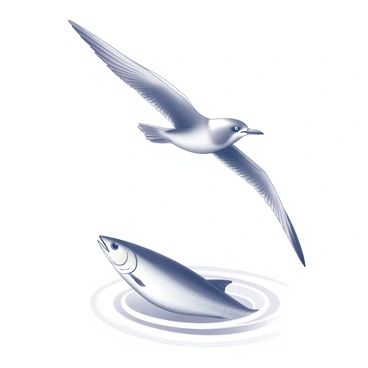 A seabird is hovering in the air with its wings outstretched. Below the bird, a tarpon is swimming just beneath the surface of the water, its streamlined body glistening in the light. The seabird is focused and alert, its sharp eyes fixed on the movement of the tarpon. The water ripples gently around the fish, creating a dynamic interaction between the two creatures. The scene captures the tension of the predator and prey in a natural setting.