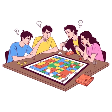 A group of four friends sits around a large, colorful board game that spans a wooden table. Each friend displays a puzzled expression, with raised eyebrows and furrowed brows, as they lean forward to study the game pieces and rules. One friend is holding a yellow dice, while another is pointing at a rulebook with an orange cover. The third friend is scratching their head, and the fourth is biting their lip in concentration. In the background, there are various snacks scattered on the table, further enhancing the lively atmosphere of the game night.