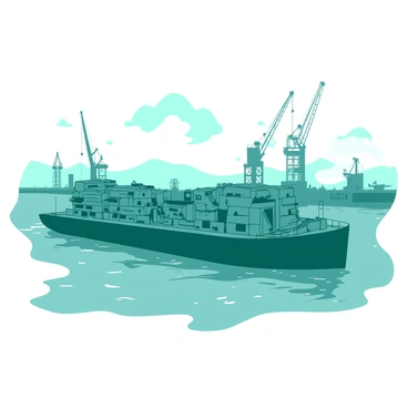 A large barge is navigating through a misty harbor, transporting various industrial machinery on its deck. The barge is sturdy and has a dark teal hull, with stacks of heavy metal equipment secured with ropes. Surrounding the barge, you can see dense white fog that partially obscures the view of the water and distant docks. The harbor features several cranes in the background, silhouetted against the mist, adding a sense of scale to the scene. The water is calm, with gentle ripples reflecting the muted colors of the atmosphere.