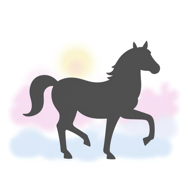 A horse silhouette stands in a foggy landscape at dawn. The outline features a distinct horse shape with a slightly raised head and flowing mane. The background is composed of soft, diffused light that suggests the early morning sun is just beginning to rise. The fog envelops the ground, creating a sense of depth and mystery around the horse. The overall scene is tranquil, dominated by shades of gray and soft pastels.