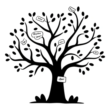 A large tree with a sturdy trunk and numerous branches extending outwards. Each branch represents a factor, displaying labels for the quadratic factors. The tree has a dense canopy of leaves, with some branches intertwined and others significantly spaced apart. The roots of the tree are visibly dug into the ground, symbolizing the foundational aspects of the quadratic equation. The background is filled with subtle details like rocks and grass to provide context.