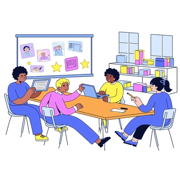 A classroom filled with students engaged in learning activities. In the foreground, a group of three students is sitting at a long wooden table. One student has a tablet in front of them, focused on the screen, while another student is typing on a laptop. The third student is taking notes with a pencil on a notepad. In the background, there are shelves filled with books and educational materials. A large whiteboard is mounted on the wall, displaying colorful illustrations related to the lesson. Sunlight streams through the windows, brightening the space.