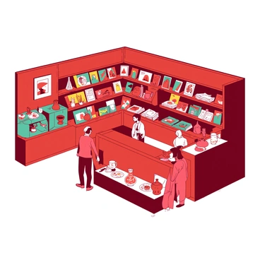 A red museum gift shop is filled with a variety of souvenirs and art-related items displayed on wooden shelves. The shelves are stocked with brightly colored postcards, small sculptures, and art books. In one corner, there is a teal display featuring handmade pottery and jewelry. A few visitors are browsing the items, examining different artifacts, while a cashier stands behind a red counter, ready to assist customers. The shop is well-lit, highlighting the vibrant colors of the merchandise on display.