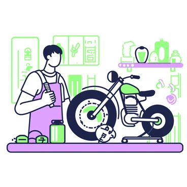 A mechanic is focused on restoring a classic vintage motorcycle in a well-lit workshop. He has short hair and is wearing a dark blue workshop apron over a white t-shirt. The motorcycle, a sleek model with chrome accents and a detailed fuel tank, is elevated on a stand. Tools are spread out on a nearby workbench, including wrenches, screwdrivers, and oil cans. The mechanic is holding a wrench and is inspecting the engine with a look of concentration. Behind him, there are shelves filled with spare parts and old motorcycle memorabilia.