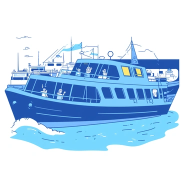 A blue ferry is pulling away from the port, creating gentle ripples in the water behind it. The ferry is adorned with bright yellow accents and has several large windows reflecting the sunlight. Passengers are standing along the deck, waving goodbye with smiles on their faces. Some are holding up their hands while others are leaning over the railing to catch a last glimpse of the shore. In the background, the port is bustling with activity, featuring white boats docked alongside the pier.