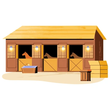 A horse stable with rustic wooden walls and a thatched roof. Dim lanterns hang from the ceiling, casting flickering golden lights on the stable doors. Each door is slightly ajar, revealing glimpses of horses inside. Hay bales are stacked in one corner, and a wooden trough filled with water is positioned in front of the stable. Shadows dance across the ground, enhancing the warm atmosphere of the scene.