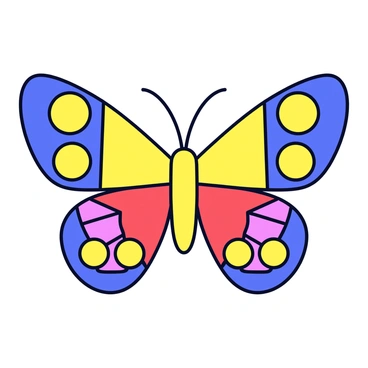 A butterfly illustrated using simple geometric shapes, featuring a large rounded body and symmetrical wings. The wings consist of multiple triangles and circles in vibrant colors, including bright yellows, deep blues, and fiery reds. Each wing has distinct patterns formed by smaller geometric shapes, creating an eye-catching design. The butterfly is positioned centrally against a plain background to enhance its colors.