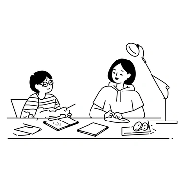 Two classmates are sitting at a large wooden table, focused on their homework. One student, wearing a striped t-shirt and glasses, is pointing at a math problem in a textbook, while the other student, dressed in a simple hoodie, is writing notes on a notepad. The table is cluttered with various open books, loose papers, and a few snacks like cookies and a bowl of fruit. A warm lamp is illuminating the scene, casting soft shadows around.