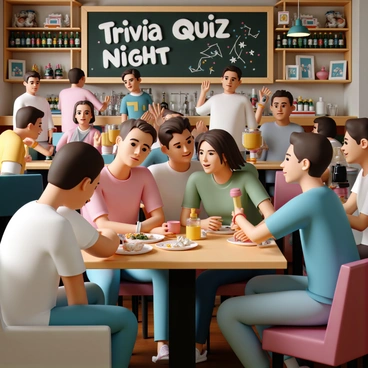 A bustling pub scene filled with multiple teams seated at wooden tables. Each team is comprised of a mix of men and women, some wearing casual shirts and jeans, others in quirky themed outfits. On one table, a group of three friends is leaning in closely, excitedly discussing answers, while another table has a pair of friends raising their hands to signal the quizmaster. The pub features warm lighting, with shelves of various bottles in the background, and patrons are enjoying snacks and drinks. A chalkboard behind the bar displays "Trivia Quiz Night" in bold letters, with colorful decorations adding to the festive atmosphere.