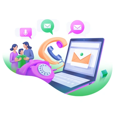 A modern pastel illustration showcasing various communication channels. In the center, there is a vintage telephone with a rotary dial. To the right, an open laptop displays an email interface, with an email icon prominently featured on the screen. On the left, a group of diverse people is engaged in an in-person conversation, smiling and gesturing. Above these elements, there are speech bubbles containing symbols for voice, an envelope, and a chat icon. The background features soft pastel colors to enhance the scene.