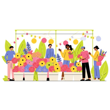A bustling flower market featuring a variety of vibrant bouquets arranged in colorful displays. There are several customers interacting with the flower vendors, selecting blossoms with joy. The scene includes bright red roses, yellow sunflowers, and purple lavender, all beautifully arranged in buckets. The market is filled with green foliage and decorations, creating a lively atmosphere. People are seen carrying shopping bags filled with fresh flowers as they browse through the market stalls.