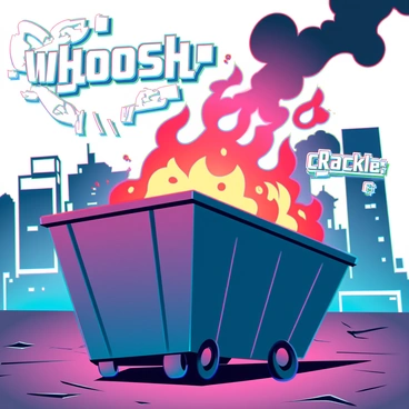 A comic book panel featuring a chaotic dumpster fire, with flames leaping high and thick smoke billowing from the top. The dumpster is old and rusty, with its lid slightly ajar, revealing glowing embers inside. In the foreground, vibrant sound effects are displayed, with the word "whoosh" in bold letters rising above the flames, and "crackle" nearby, suggesting the sound of burning materials. The surrounding area is dimly lit, with a hint of urban decay, such as cracked pavement and distant silhouettes of buildings.