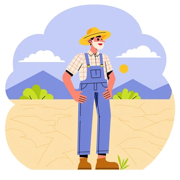 A farmer with a weathered face and a straw hat stands in the middle of a dry, cracked field. He is wearing a plaid shirt and denim overalls. His hands are resting on his hips as he gazes up at the blue sky filled with fluffy white clouds. In the background, there are distant mountains and a hint of green trees at the edge of the field. The sun casts a warm light, illuminating the farmer's hopeful expression as he looks towards the horizon.