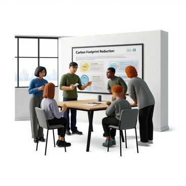 An office wall chart titled "Carbon Footprint Reduction" displayed prominently on a white wall. The chart is filled with colorful graphics and bullet points outlining various strategies for reducing carbon emissions. Several employees are gathered around the chart, actively engaged in discussion. One employee, a woman with medium-length brown hair wearing a blue blouse, is taking notes on a notepad. Another employee, a man with short black hair dressed in a green shirt, is pointing at one of the strategies on the chart. A third employee, a person with curly red hair in a gray sweater, is leaning closer to the chart, examining the information. A large window in the background allows natural light to fill the room.
