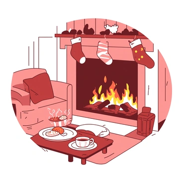 A warm living room features a crackling fireplace with bright orange flames dancing inside. Above the mantel, there are several colorful stockings hanging, each adorned with different patterns and textures. The walls are decorated with cozy, soft colors, and a comfortable sofa is positioned nearby, covered with plush cushions. A small coffee table in front of the sofa holds a steaming mug of hot cocoa next to a plate filled with freshly baked cookies. A soft rug lies on the floor, adding to the inviting atmosphere of the room.