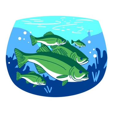 A school of green largemouth bass is swimming together in clear blue water. The bass are streamlined and sleek, with their mouths slightly open, revealing sharp teeth. Sunlight filters through the water, creating shimmering patterns that dance on the fish scales. Around the school, small bubbles rise to the surface, and subtle plants sway gently in the water current. In the background, the deep blue of the water extends into darker shades, enhancing the vibrant colors of the bass.