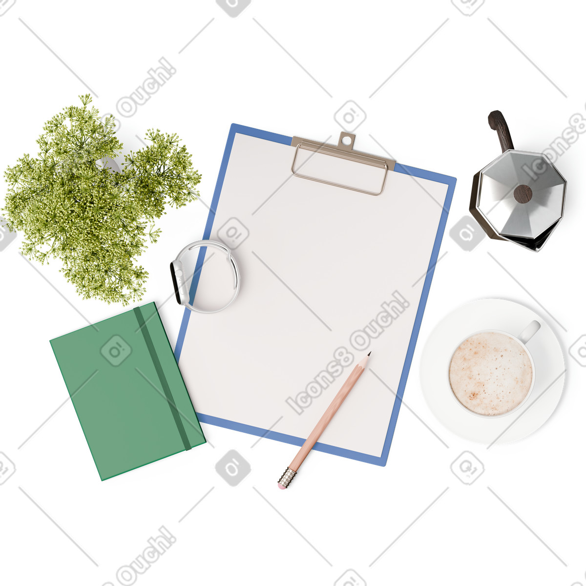 Draufsicht auf zwischenablage, pflanze, notizbuch und tasse kaffee-Illustration im 3D Hygge-Stil als Download in PNG, SVG