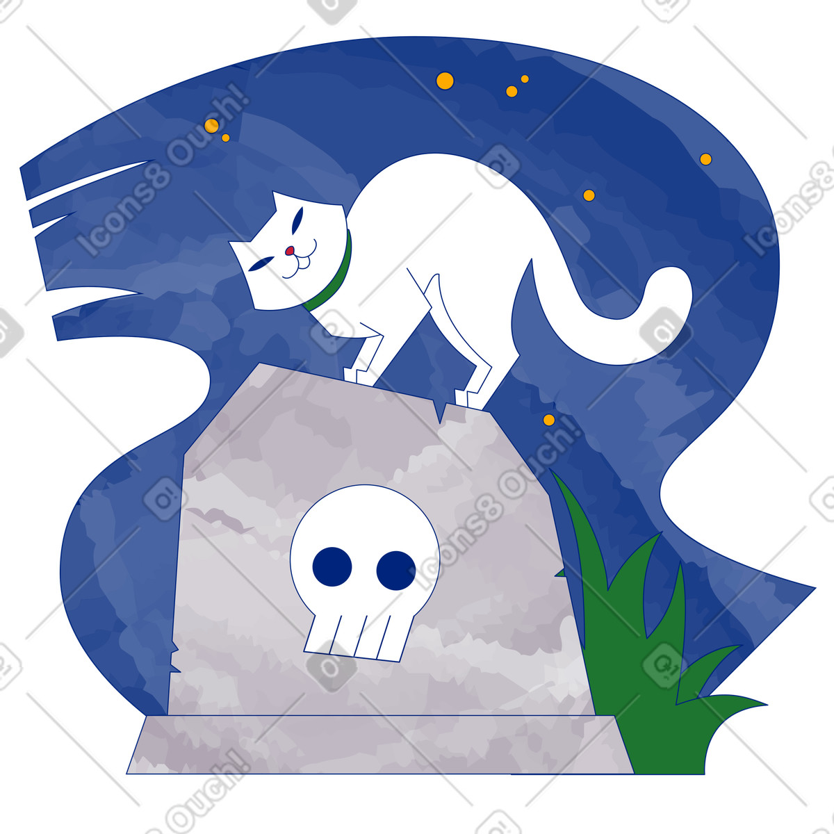 下载 Neo-Sakura 风格的 晚上，猫站在墓地的墓碑上 插画，支持 PNG、SVG 格式