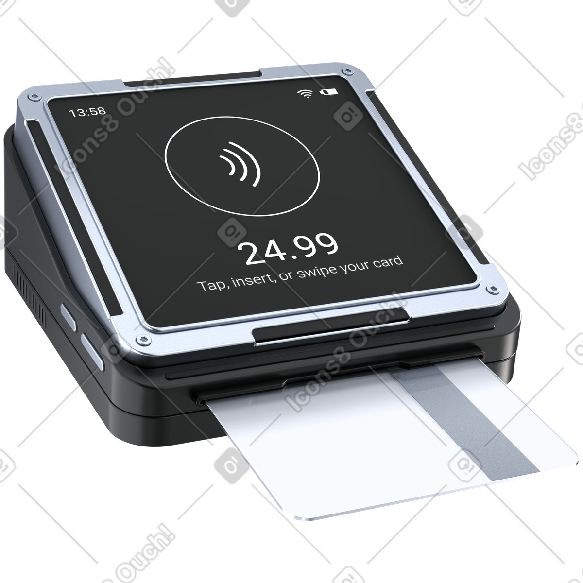 下载 3D Pro 风格的 Payment terminal showing contactless symbol and inserted credit card transaction 插画，支持 PNG、SVG 格式