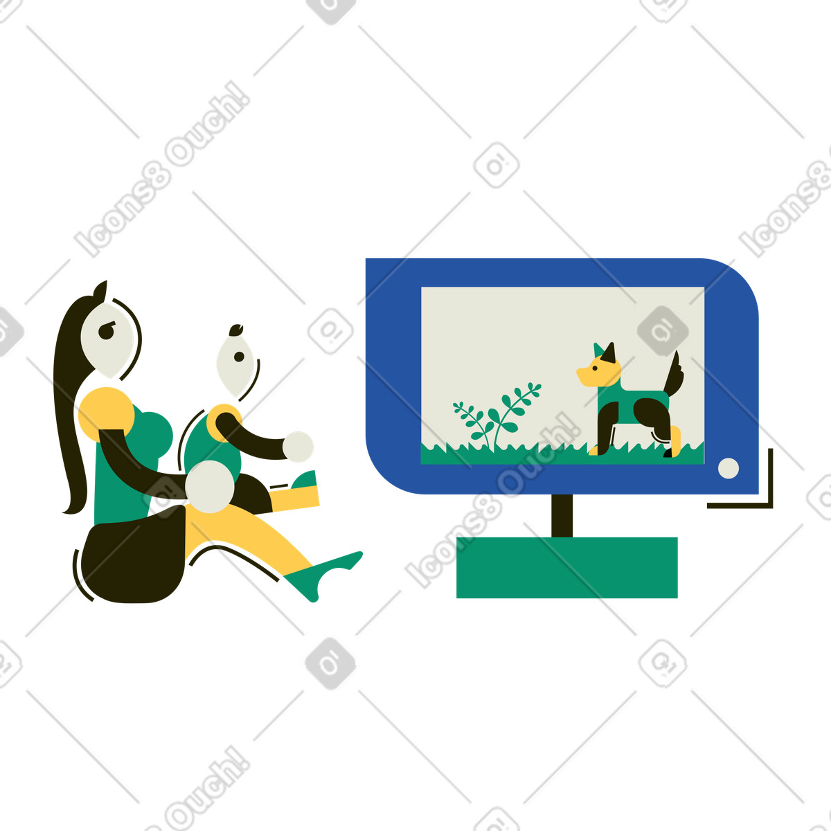 Donna e bambino che guardano insieme la tv illustrazione in stile Spot scarica in PNG, SVG