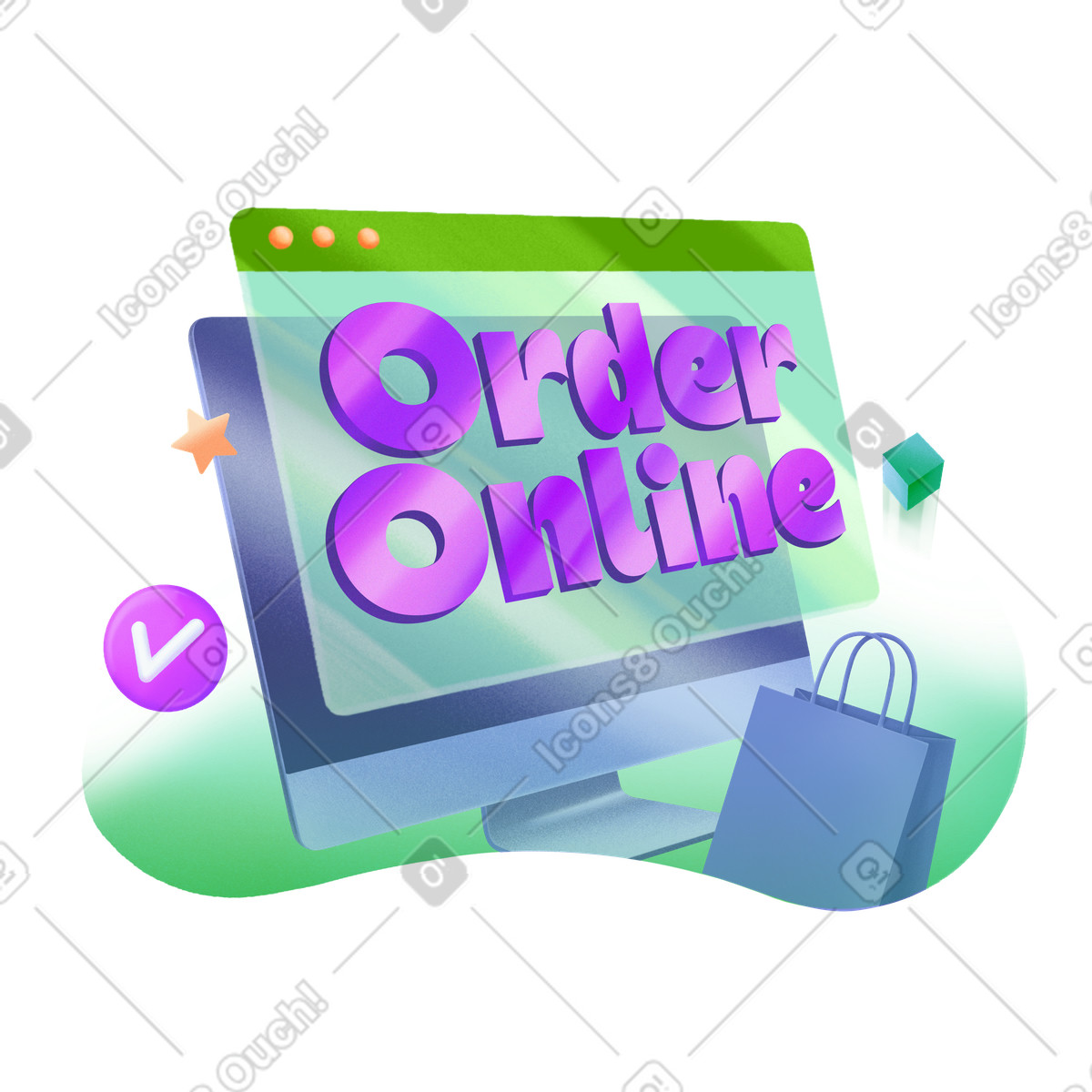 Lettering order online con borsa della spesa e testo del segno di spunta illustrazione in stile Smart scarica in PNG, SVG