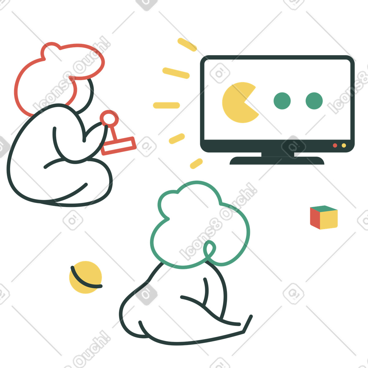 Bambini che giocano ai videogiochi con il gamepad illustrazione in stile Macaroni scarica in PNG, SVG