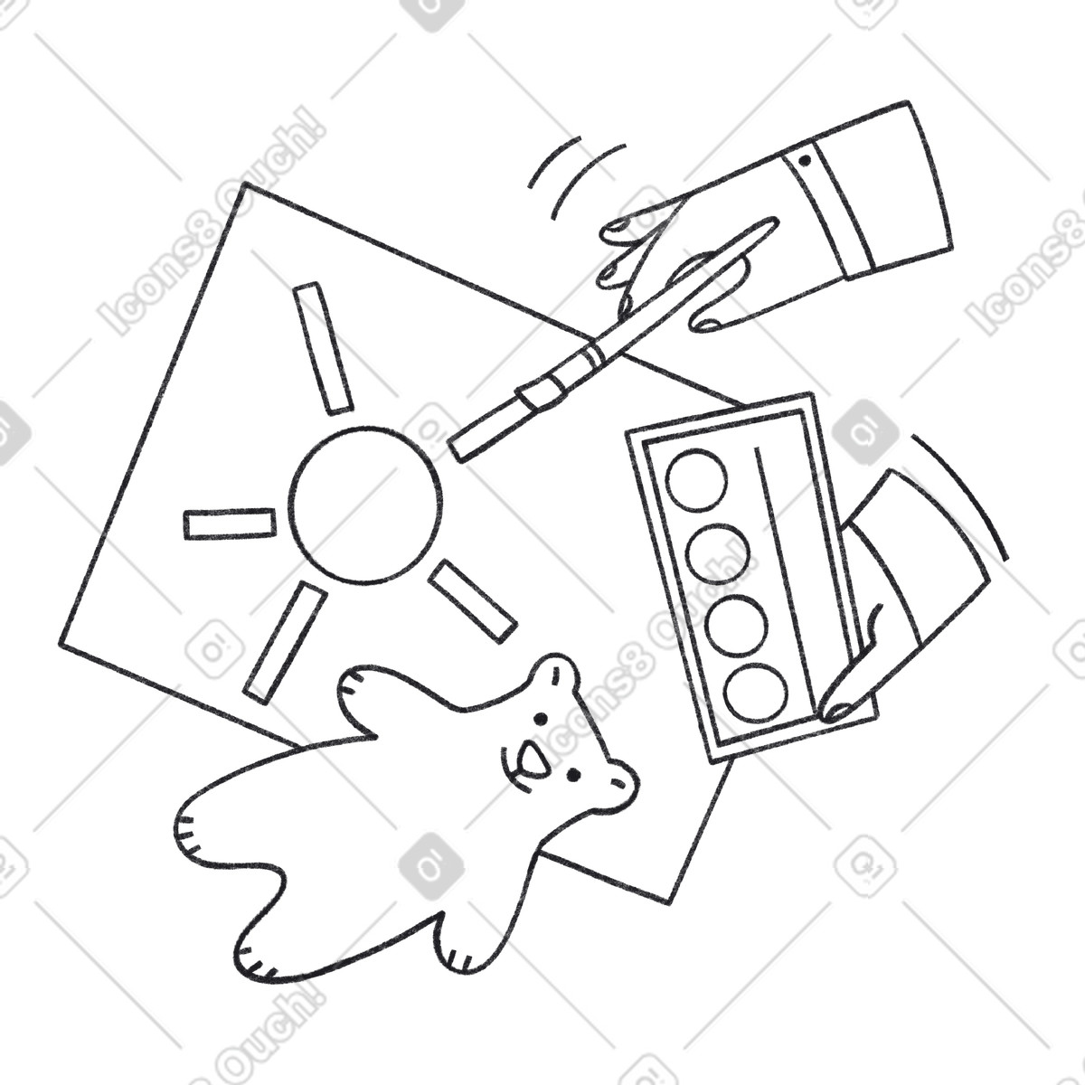 Ilustración Painting sun with watercolor paints, creative activity and art education en estilo Bonbon Line a descargar en PNG y SVG