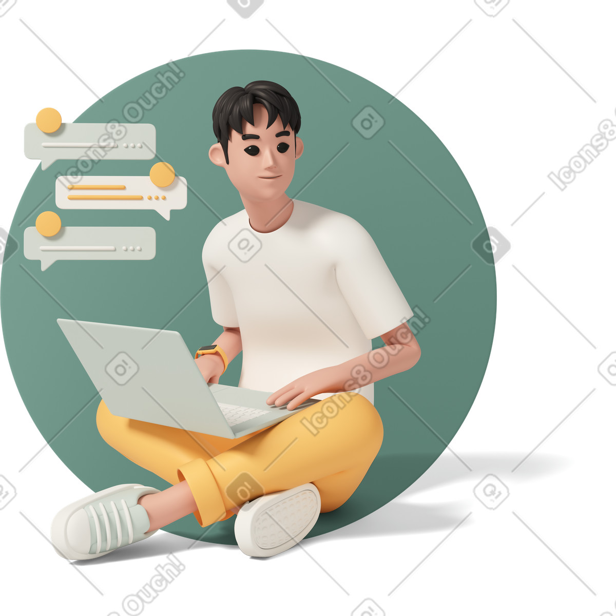 Young man sitting with laptop-Illustration im 3D Casual life-Stil als Download in PNG, SVG