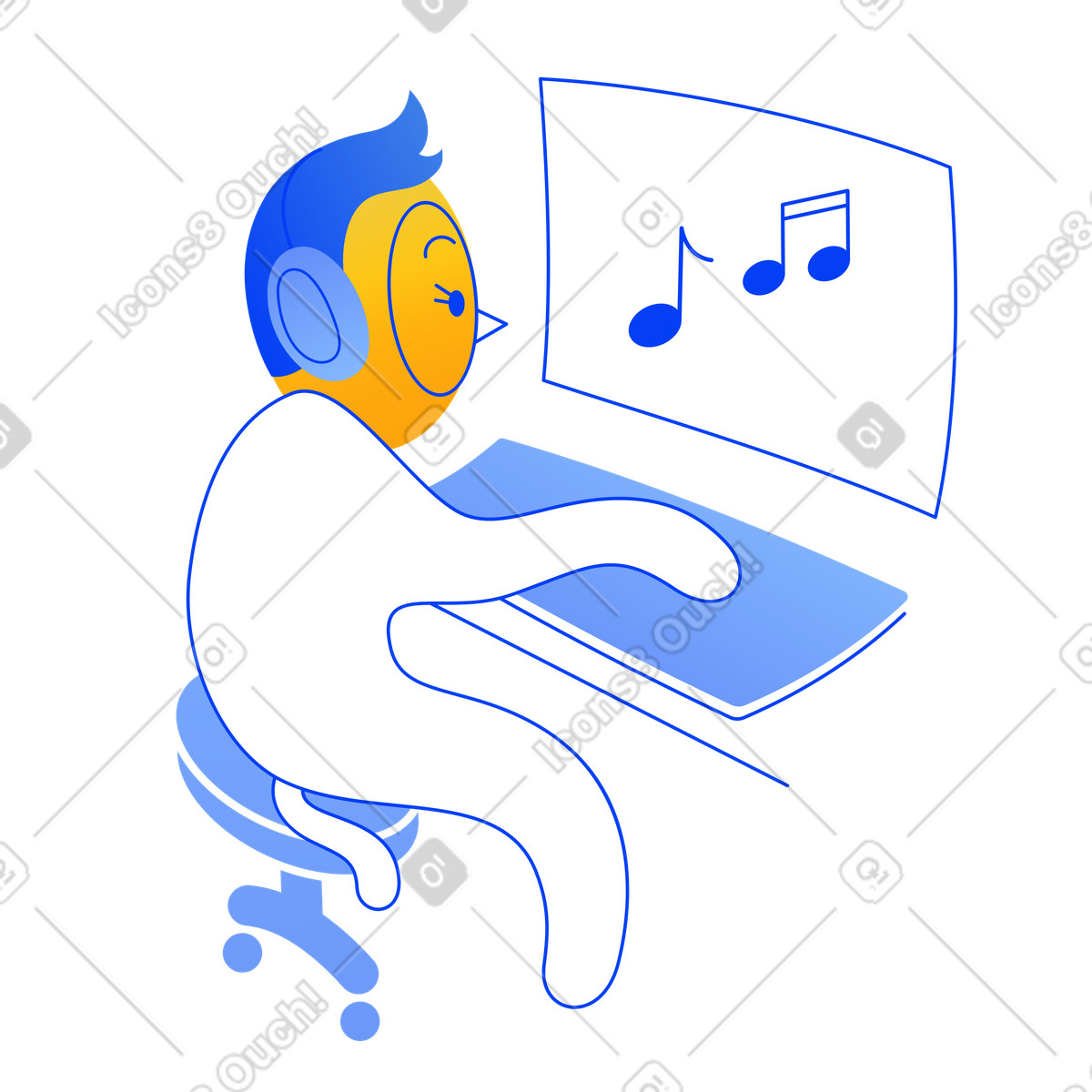 Buddy スタイルの Headphone user at desktop setup, Listening to music のイラストをPNG、SVG形式でダウンロード