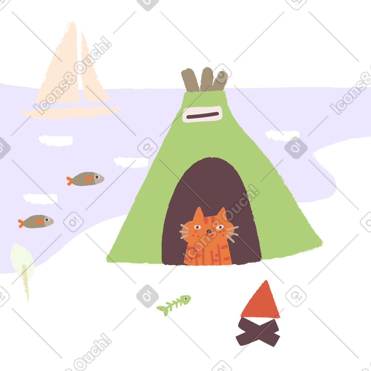 Cat camping in tent on the shore illustration Ginger style download PNG, SVG