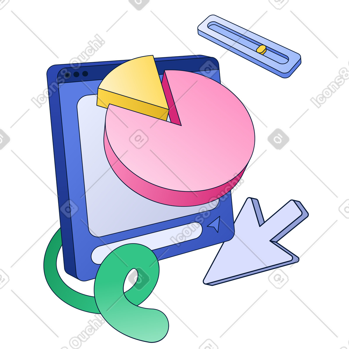 Browser window with pie chart illustration in PNG, SVG