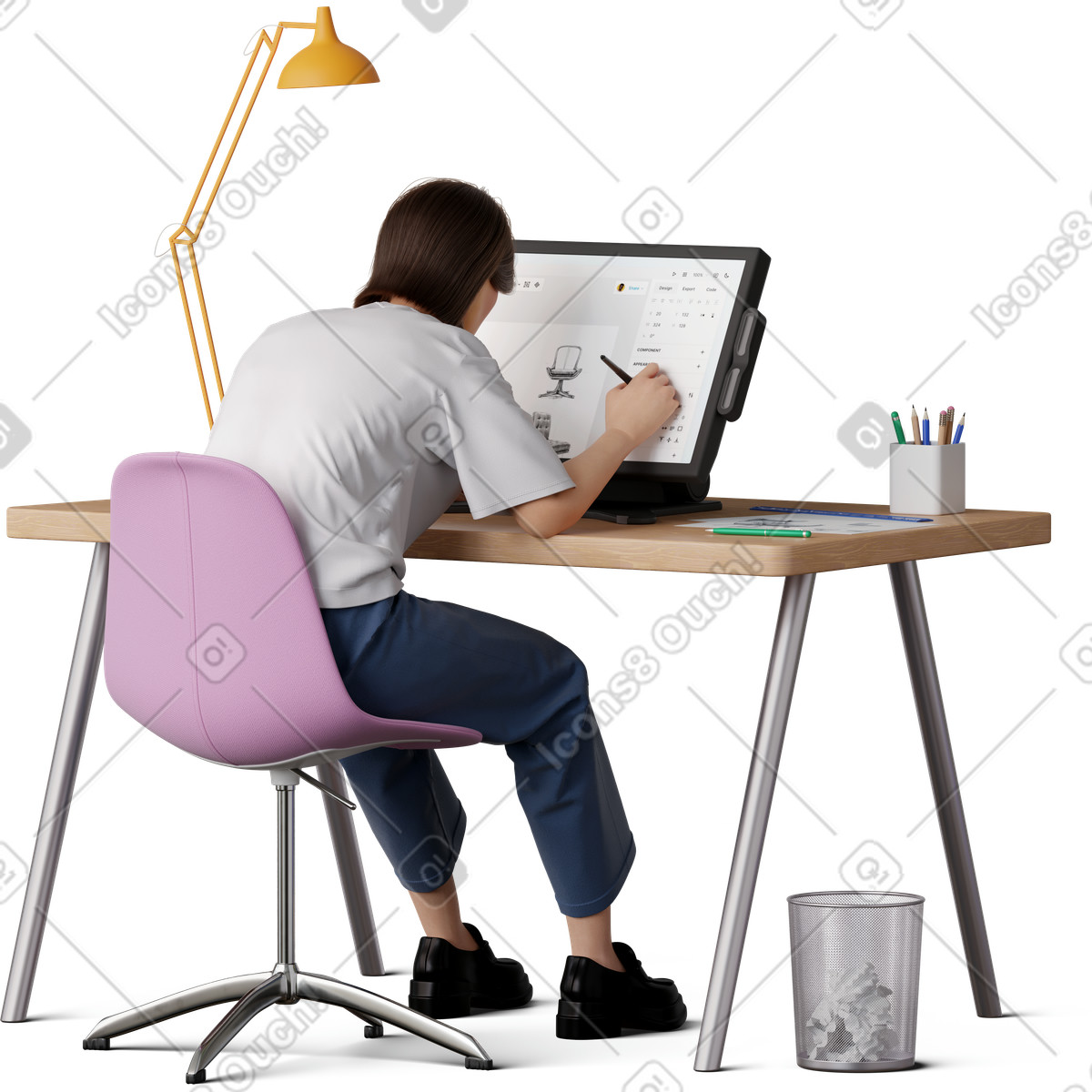 Illustration Front view of young woman sketching on graphic tablet dans le style 3D Hygge à télécharger aux formats PNG, SVG