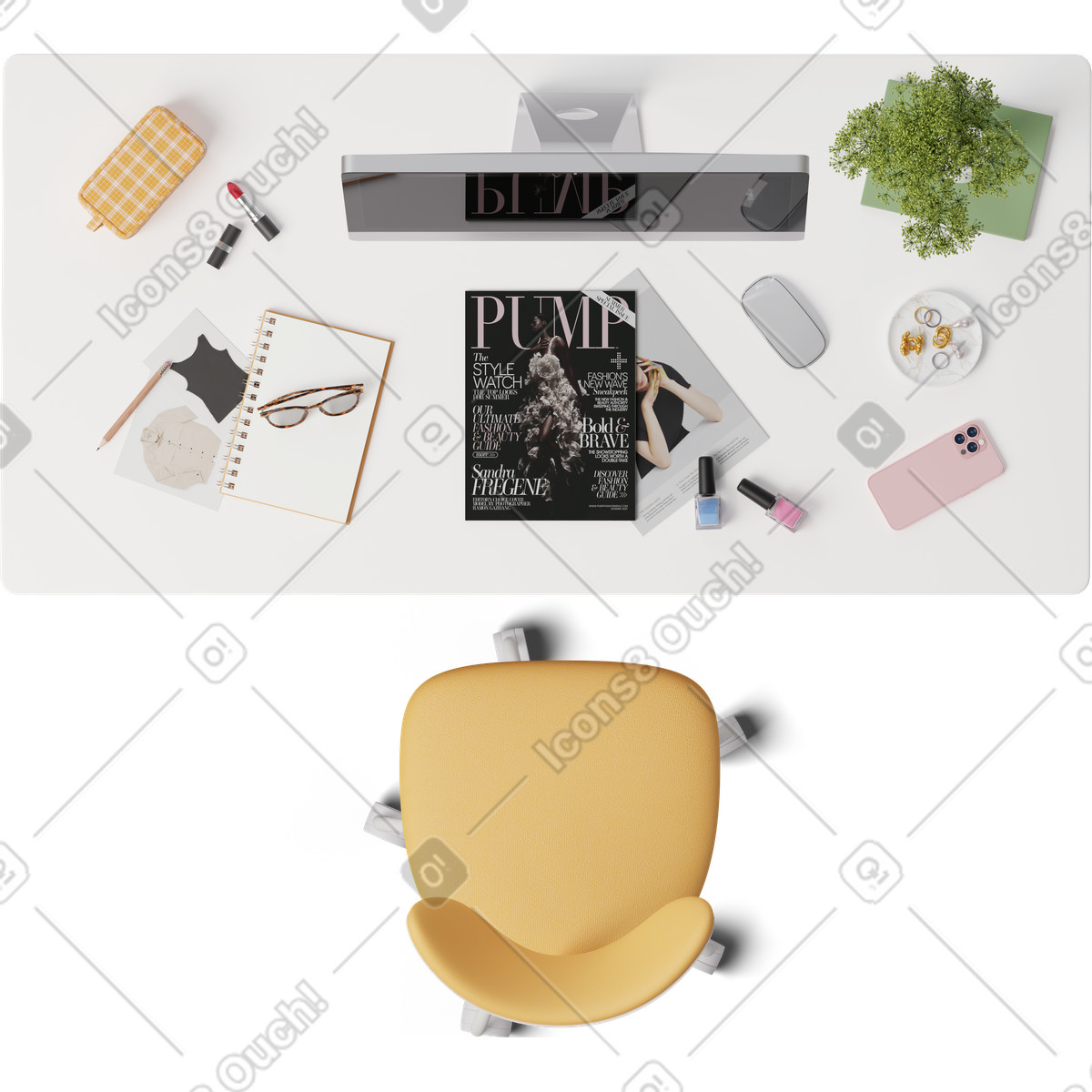 Top view of desk with fashion magazines illustration in 3D Hygge style download in PNG, SVG