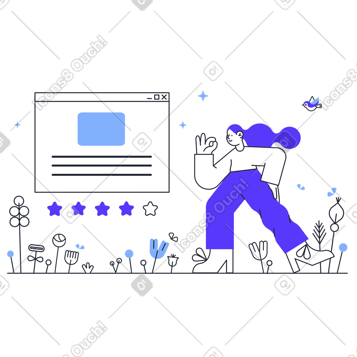 Ilustração animada de Mulher deixando uma crítica positiva no site em estilo Pablita para baixar em GIF, Lottie (JSON), AE