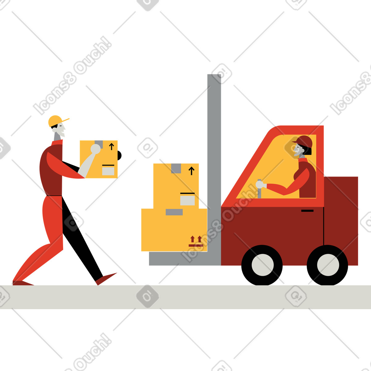 Magazziniere che carica scatole sul carrello elevatore illustrazione in stile Burgundy scarica in PNG, SVG