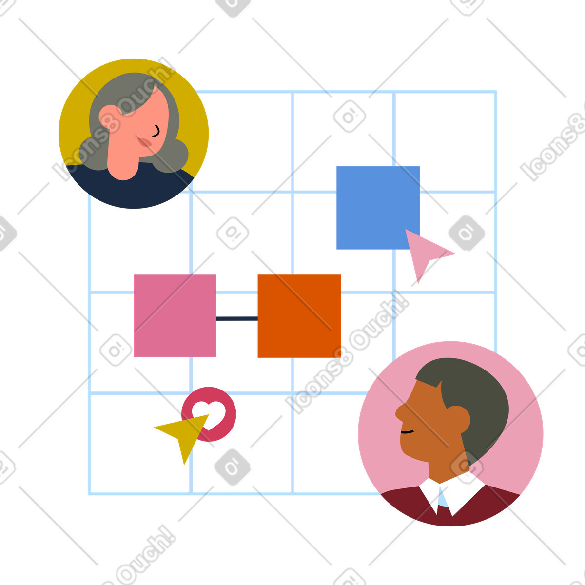 Illustration animée Tableau de planification projet avec avatars d'utilisateurs, collaboration en temps réel et productivité l'espace travail numérique dans le style Vector à télécharger aux formats GIF, Lottie (JSON), AE