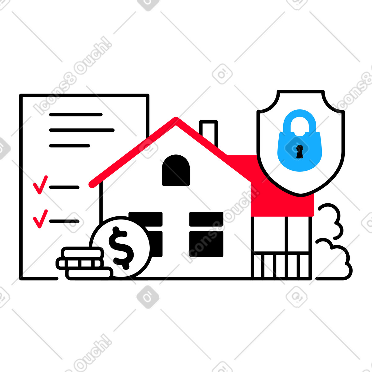 Ilustração animada de Seguro imobiliário em no estilo Transistor para baixar em GIF, Lottie (JSON), AE