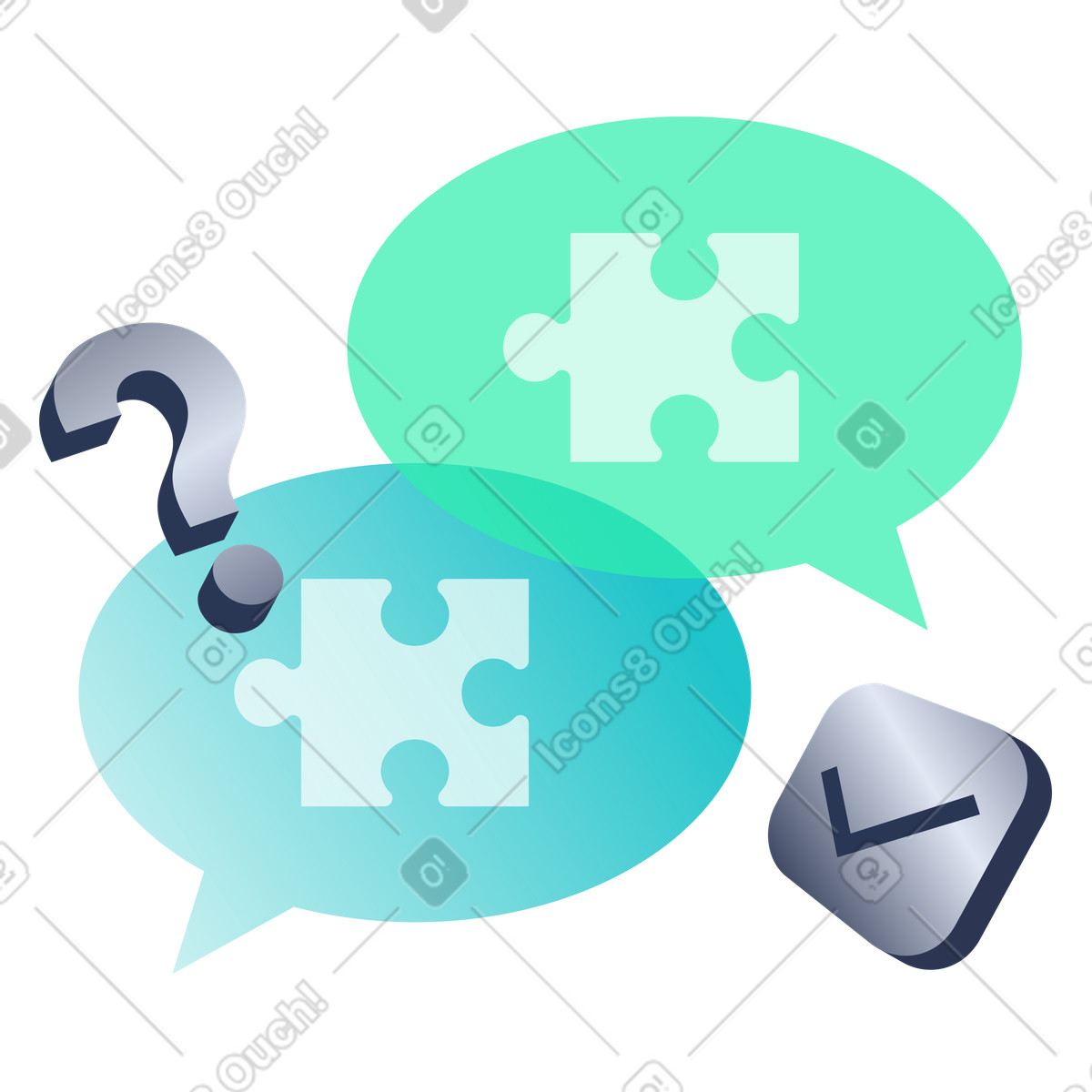 Ilustraci&oacute;n Burbujas de di&aacute;logo con piezas rompecabezas, discusi&oacute;n colaborativa y trabajo en equipo estilo Lucent a descargar PNG SVG