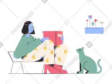 Woman reading at home with her cat PNG, SVG