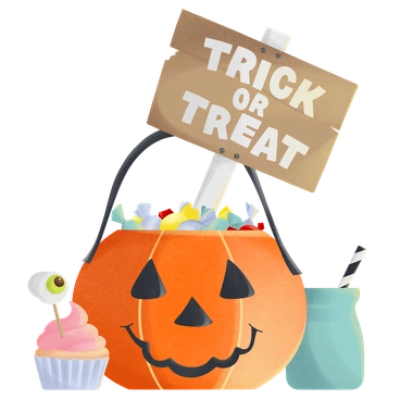 A pumpkin bucket with candy and treats - Shine style illustration