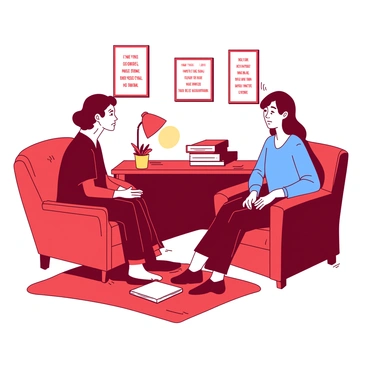 A red counselor is sitting in a plush chair, leaning slightly forward with a focused expression while listening to a student. The student, wearing a blue shirt, is seated across from the counselor, looking thoughtful as they speak. The cozy office features a wooden desk with a few stacked books and a small potted plant. A warm light from a desk lamp casts a soft glow over the scene, creating an inviting atmosphere. There are framed inspirational quotes on the walls, and a soft rug lies underneath the chairs.