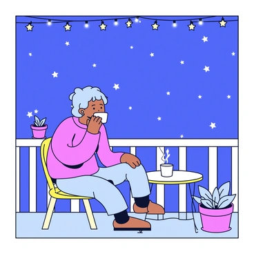 A person sitting on a wooden balcony at night, sipping a cup of coffee. The balcony is adorned with small potted plants and twinkling fairy lights strung along the railing. Above, a clear night sky filled with numerous stars shines brightly, creating a beautiful backdrop. The person is wearing a soft sweater, and their relaxed posture suggests they are enjoying the moment. A small, round table beside them holds a steaming coffee cup, with a faint swirl of steam rising into the cool night air.