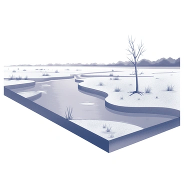 A floodplain stretches across the landscape, featuring layers of newly deposited sediment. The terrain is relatively flat, showcasing a mixture of fine silt and larger gravel deposits. Several small puddles remain in depressions on the surface, reflecting the sky above. Grasses and weeds begin to emerge through the sediment, showing signs of regrowth. In the distance, a few trees stand along the edges of the floodplain, their roots partially exposed due to the receding waters. The overall scene conveys the aftermath of a flood, with evidence of the water's past height marked on the surrounding landscape.
