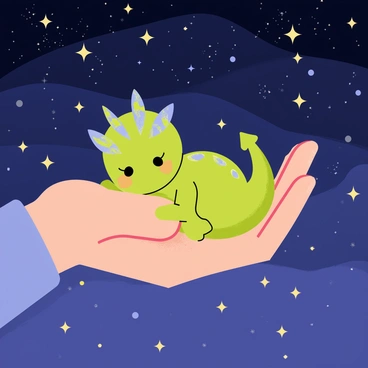 A small, newly hatched dragon with iridescent scales in shades of green and blue is snuggling close to "Eragon's hand," which is depicted as large and gentle. The background is filled with a "starry sky," showcasing a multitude of bright twinkling stars scattered across a deep blue expanse. The scene captures a sense of warmth and companionship under the glowing stars, highlighting the delicate features of the dragon and the protective nature of Eragon's hand.